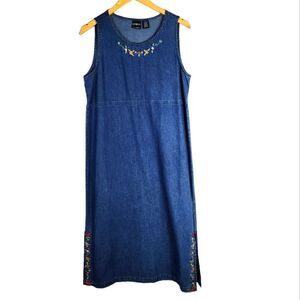Vintage Erika Blue Jean Denim Floral Maxi Modest Dress